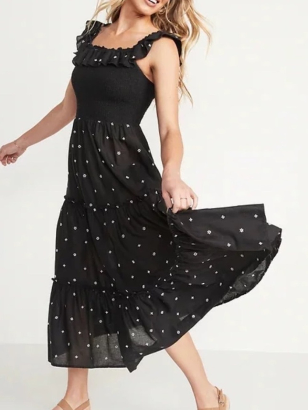 Old Navy Dress Black Floral Tiered Smocked Maxi Midi flutter sleeve